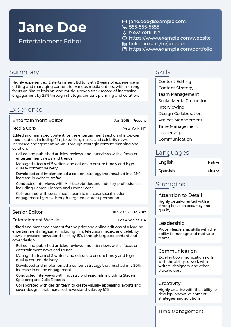 Entertainment Editor resume example