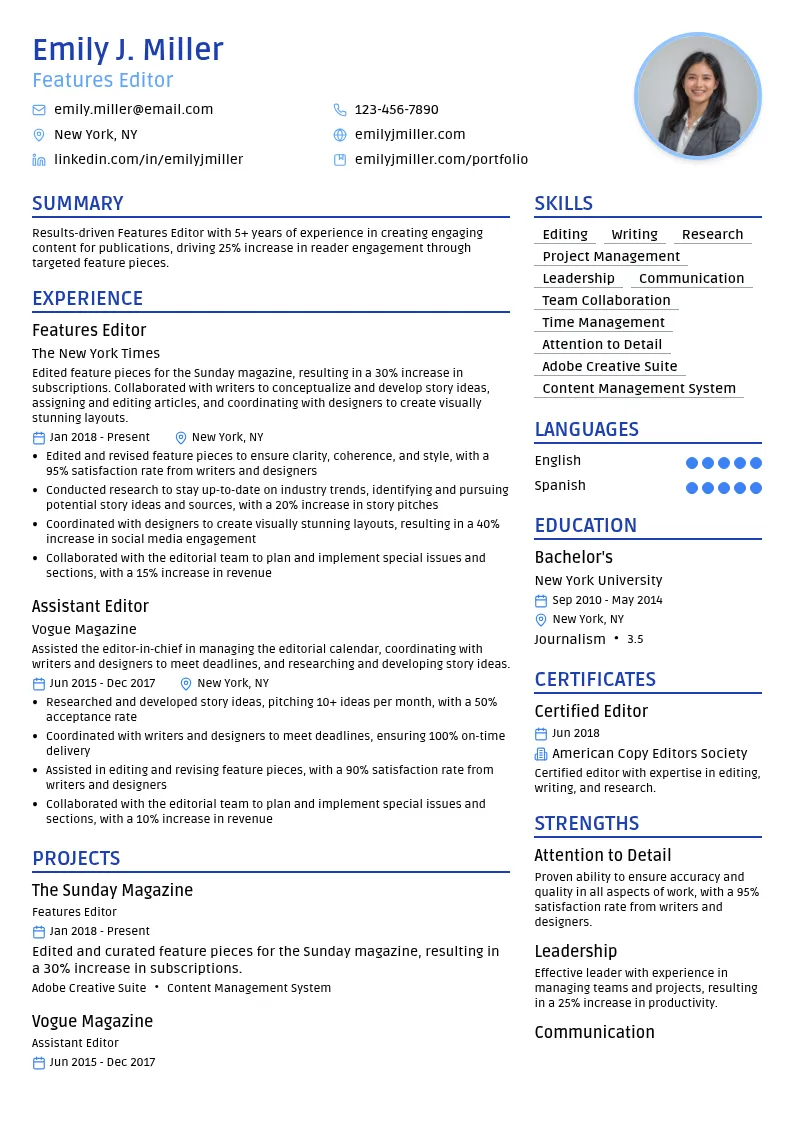 Features Editor resume example