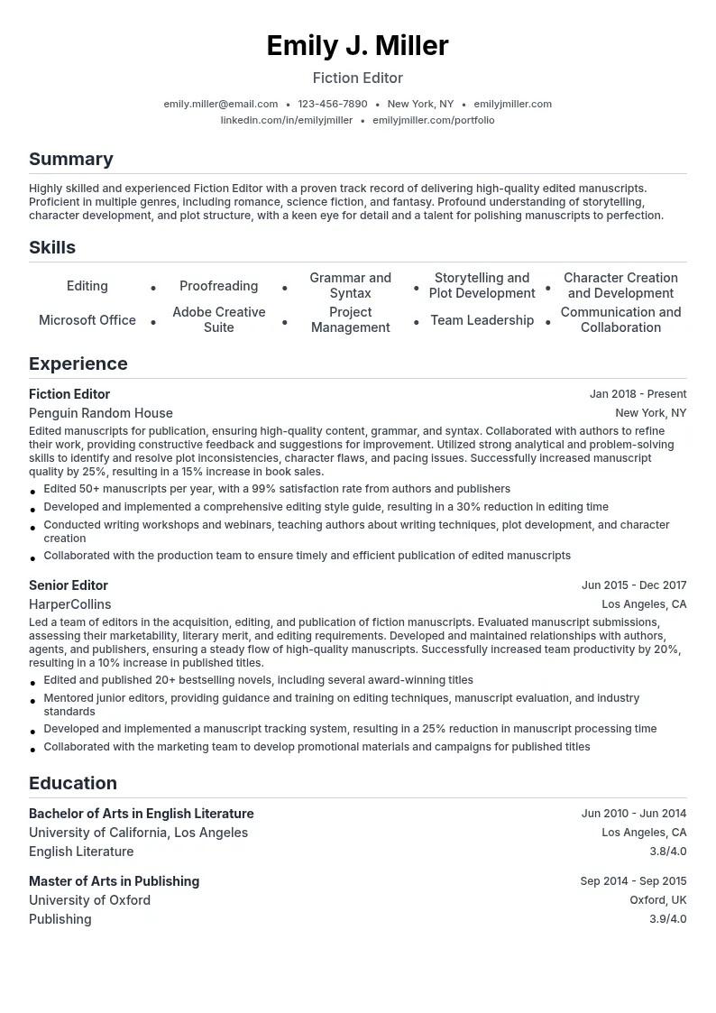Fiction Editor resume example