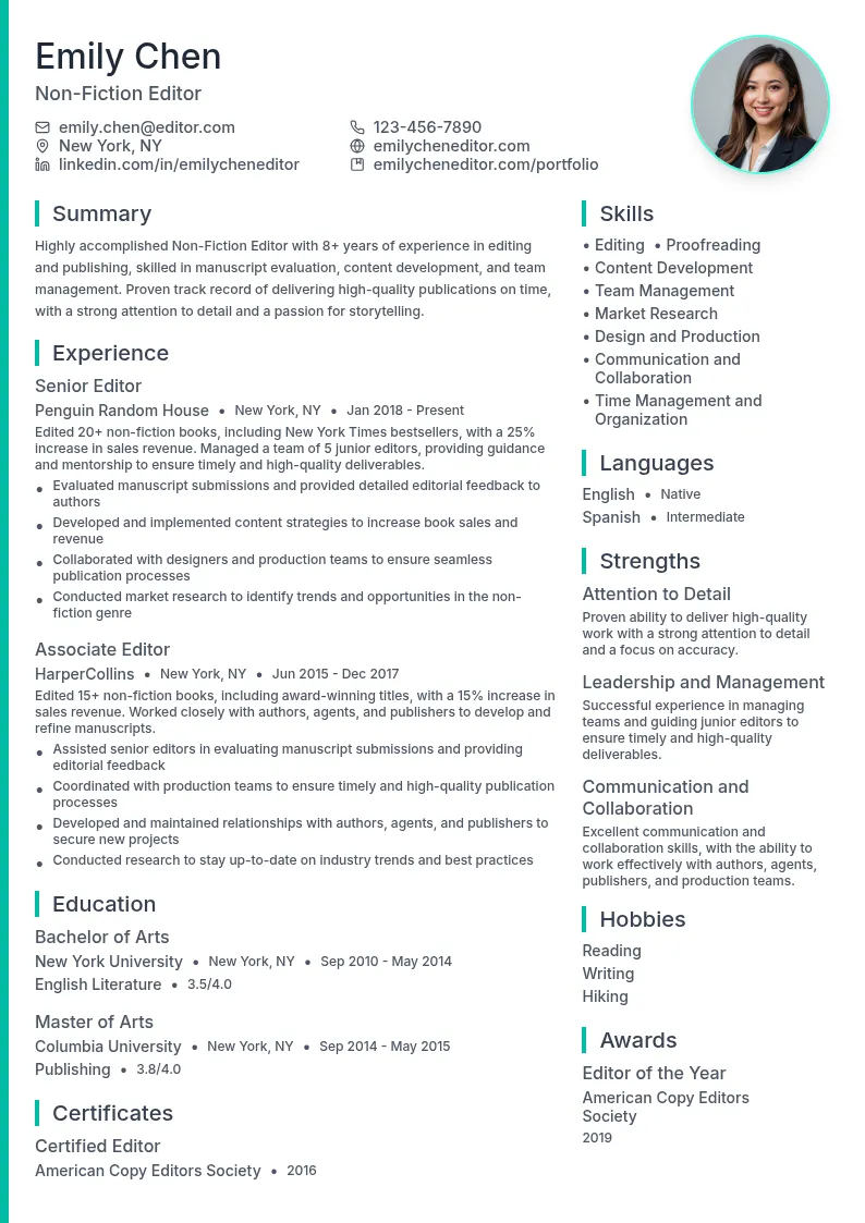 Non-Fiction Editor resume example
