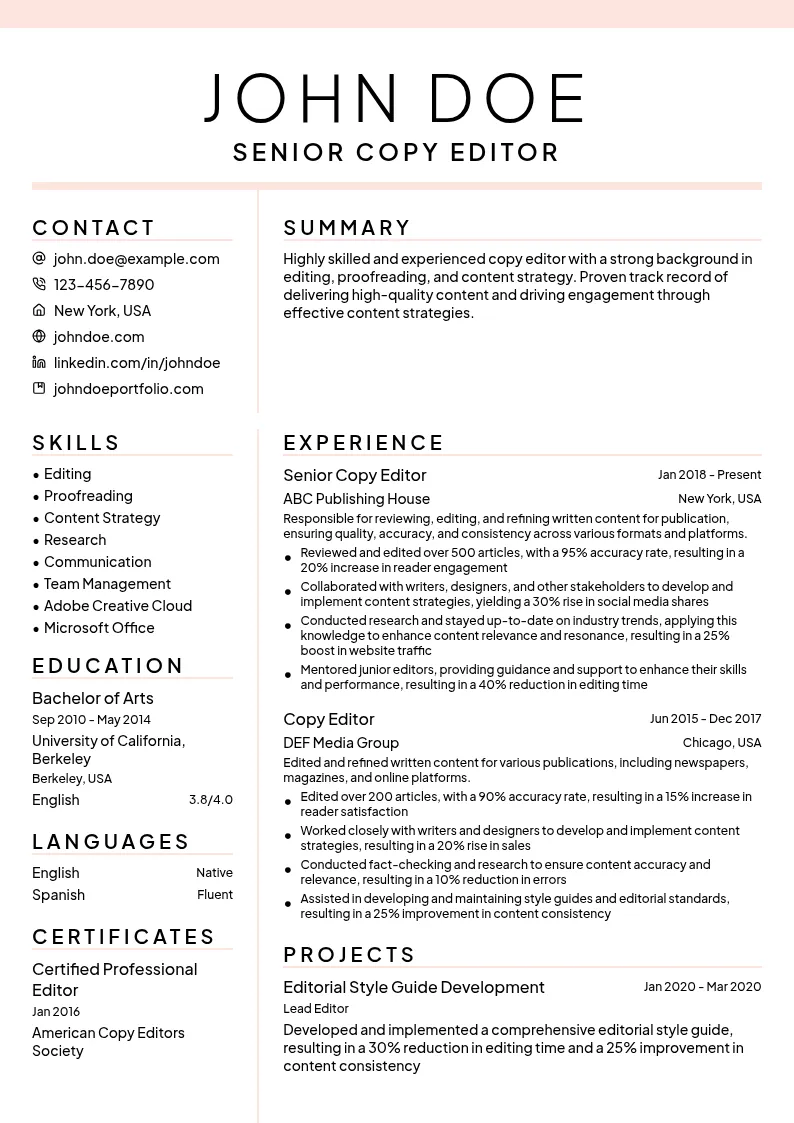Copy Editor resume example