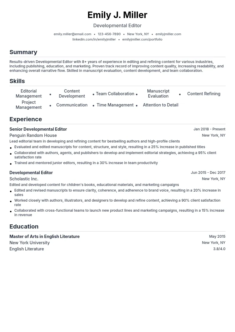 Developmental Editor resume example
