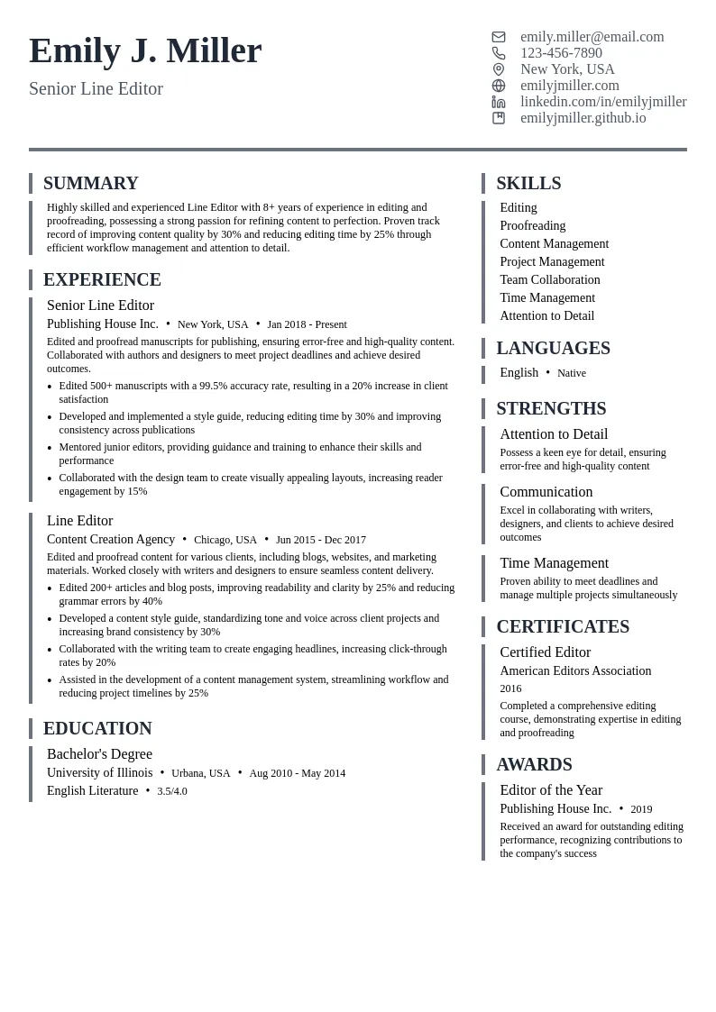 Line Editor resume example
