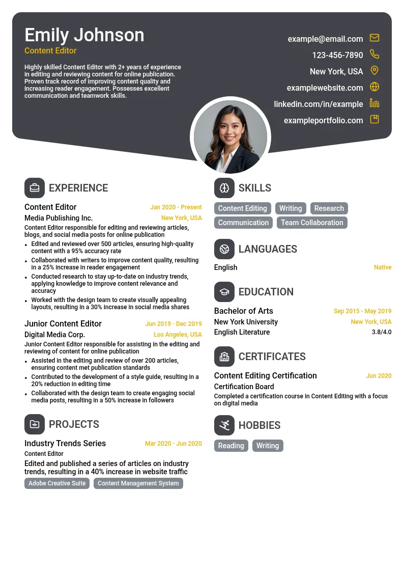 Content Editor resume example