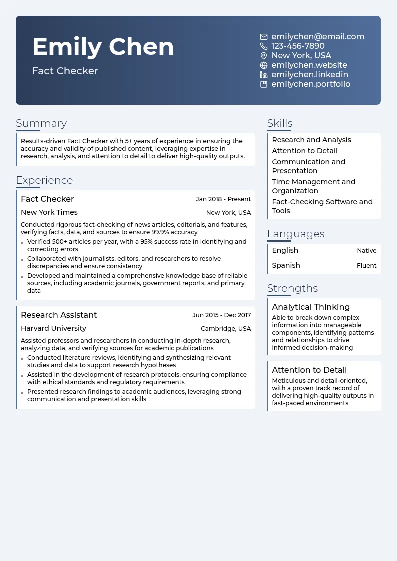Fact Checker resume example