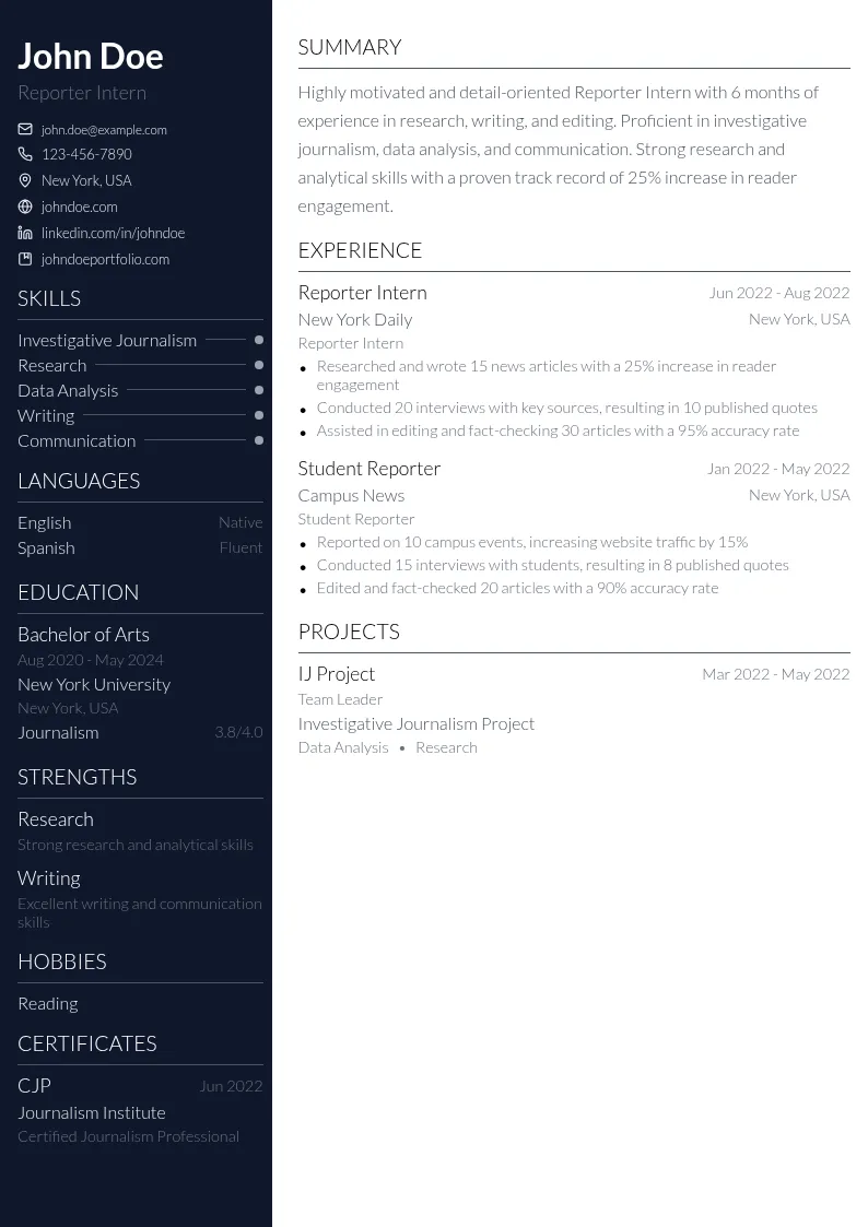 Reporter Intern resume example