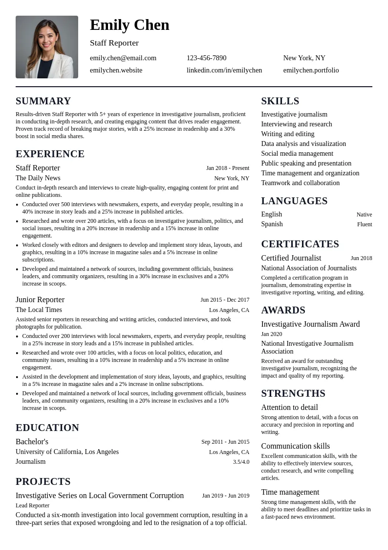 Staff Reporter resume example