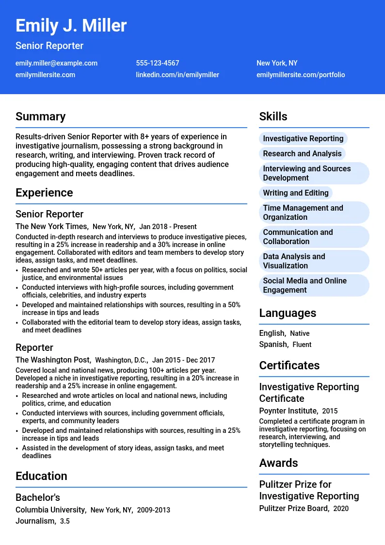 Senior Reporter resume example