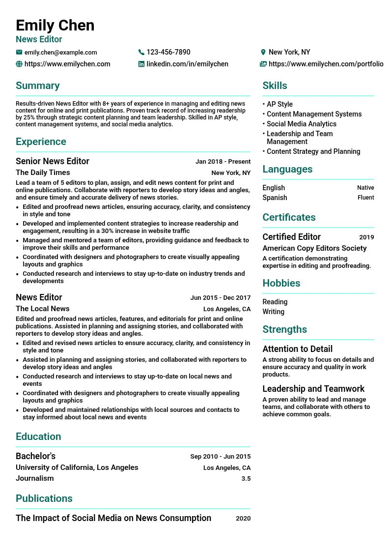 News Editor resume example