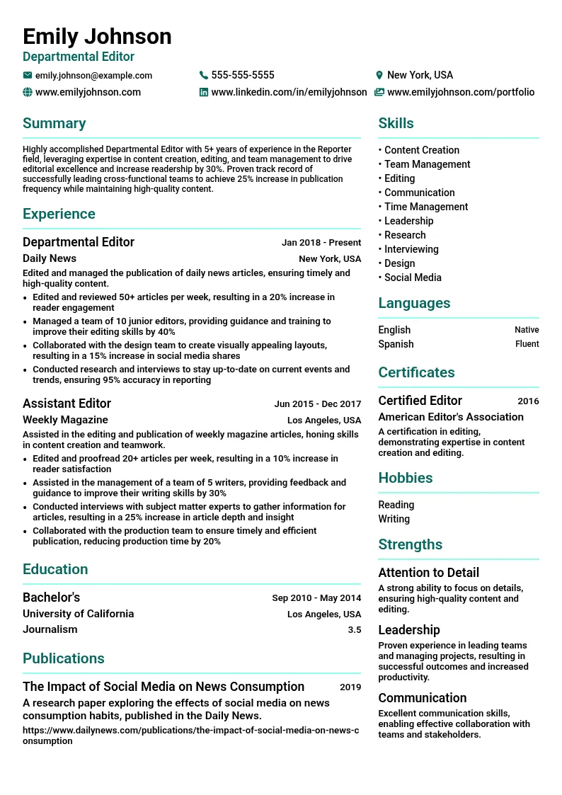 Departmental Editor resume example