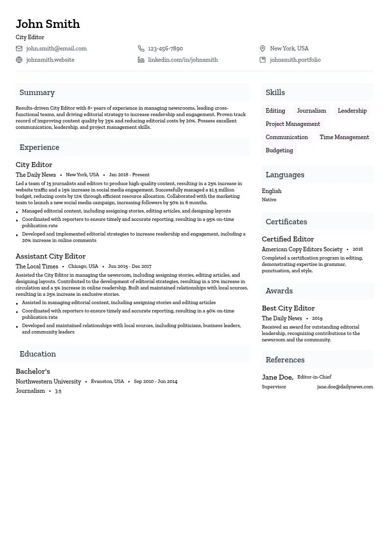City Editor resume example