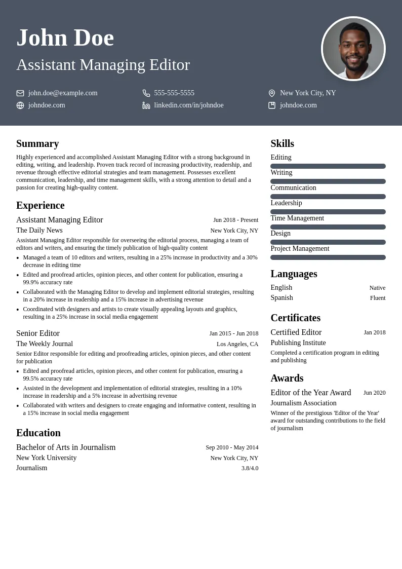 Assistant Managing Editor resume example