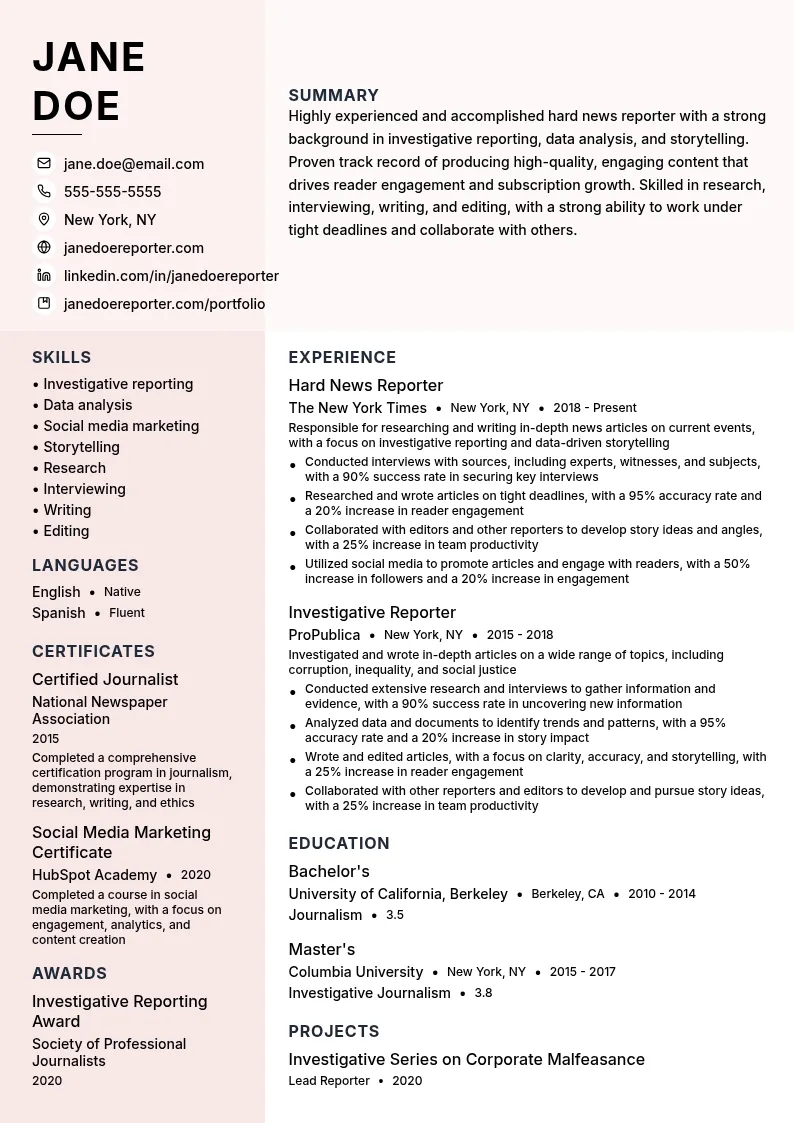 Hard News Reporter resume example