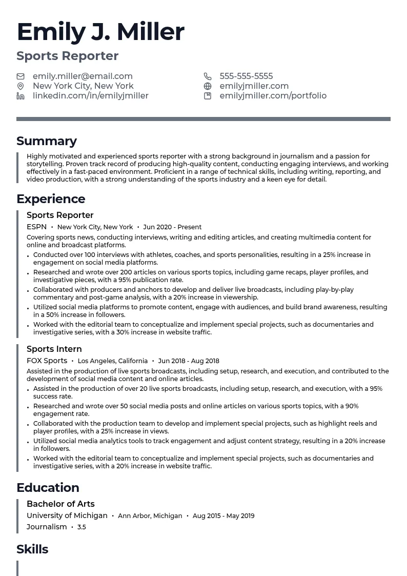 Sports Reporter resume example