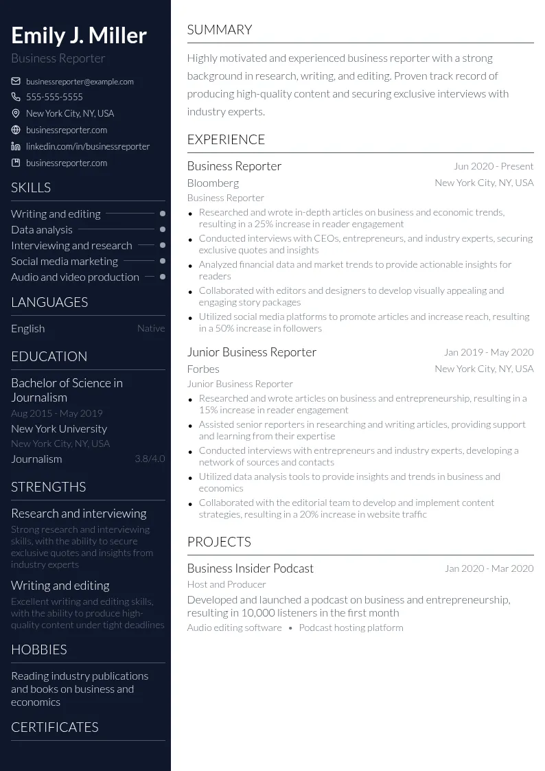 Business Reporter resume example