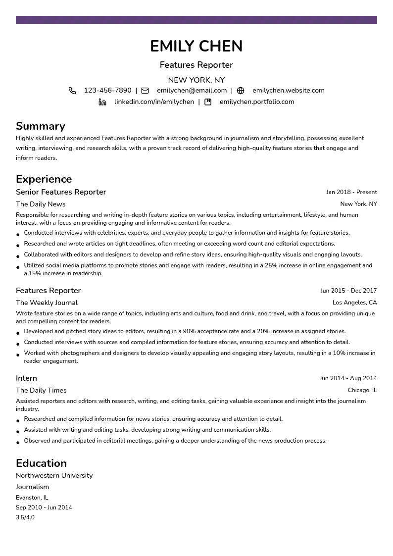 Features Reporter resume example