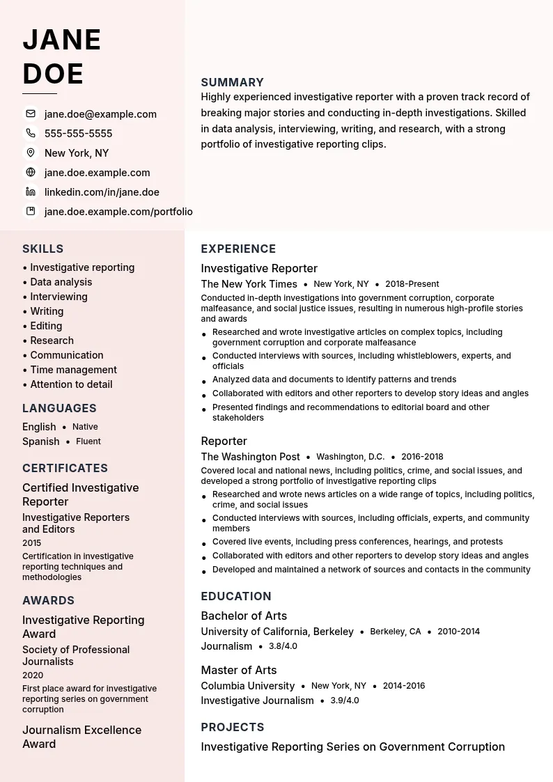 Investigative Reporter resume example