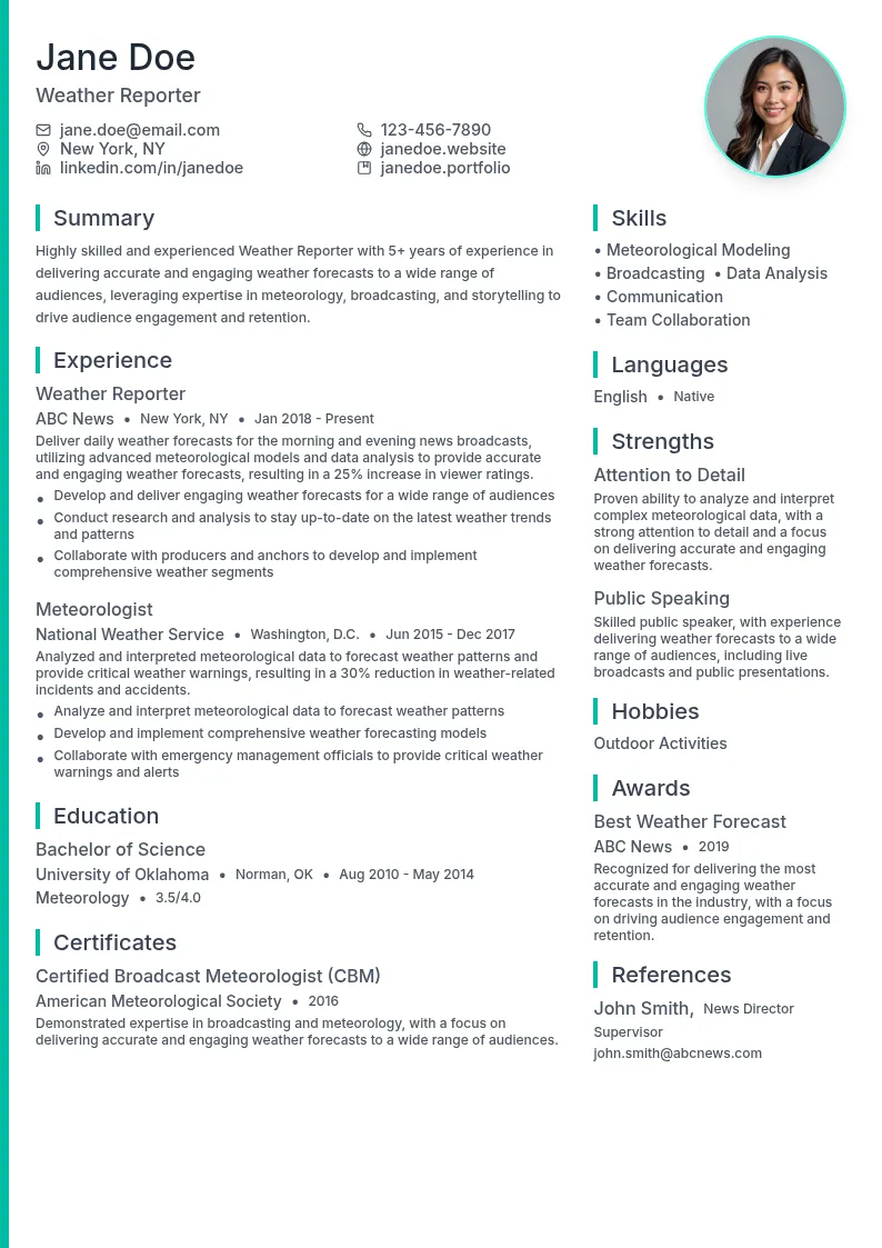 Weather Reporter resume example