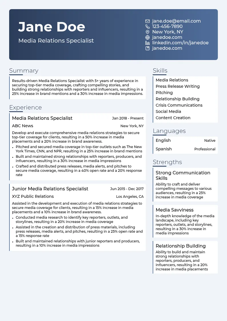 Media Relations Specialist resume example