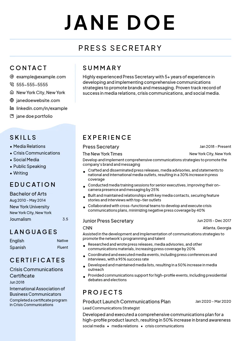 Press Secretary resume example