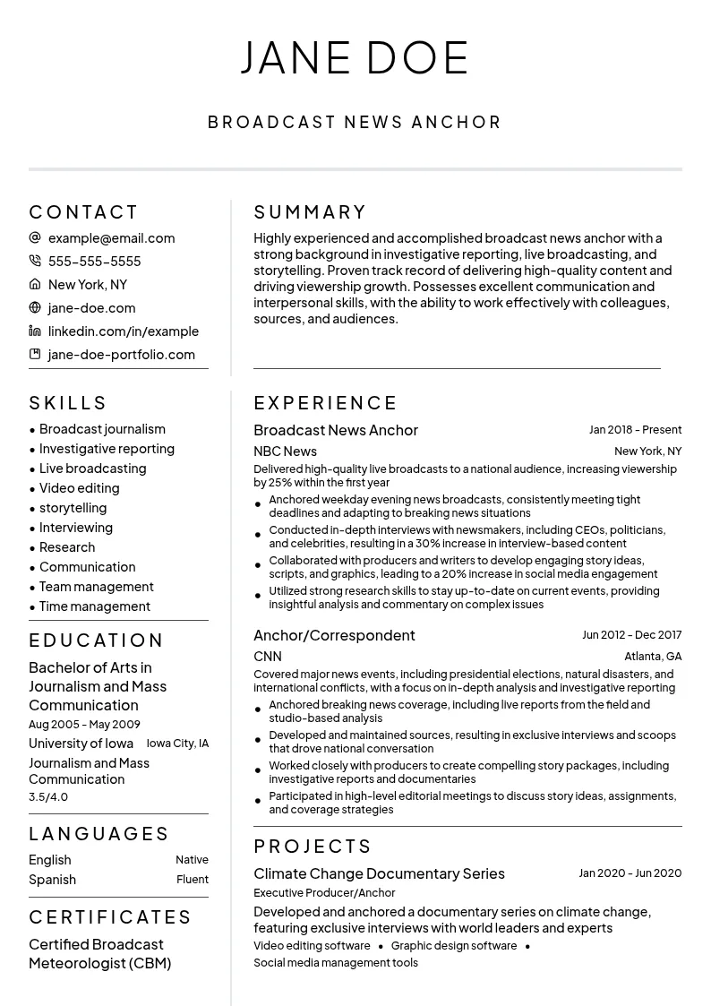 Broadcast News Anchor resume example