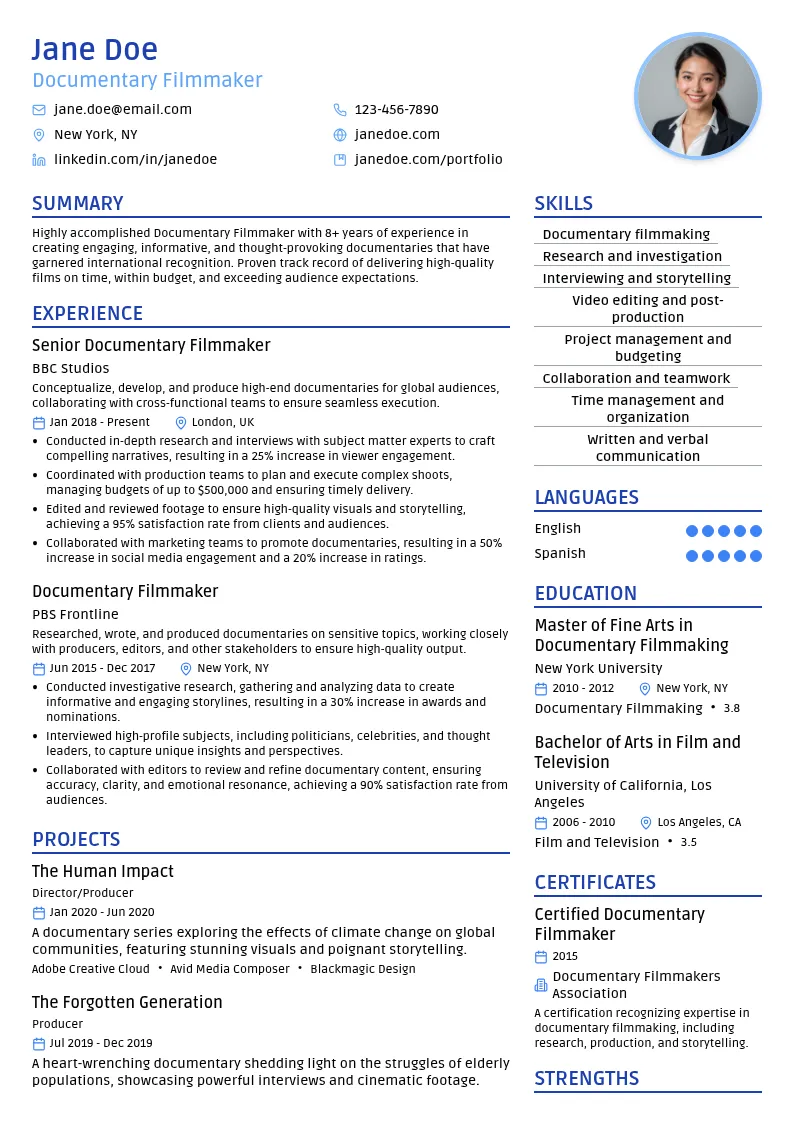 Documentary Filmmaker resume example