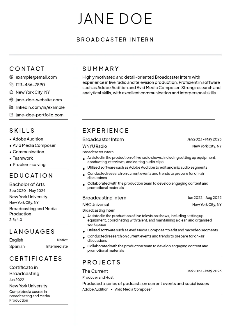 Broadcaster Intern resume example