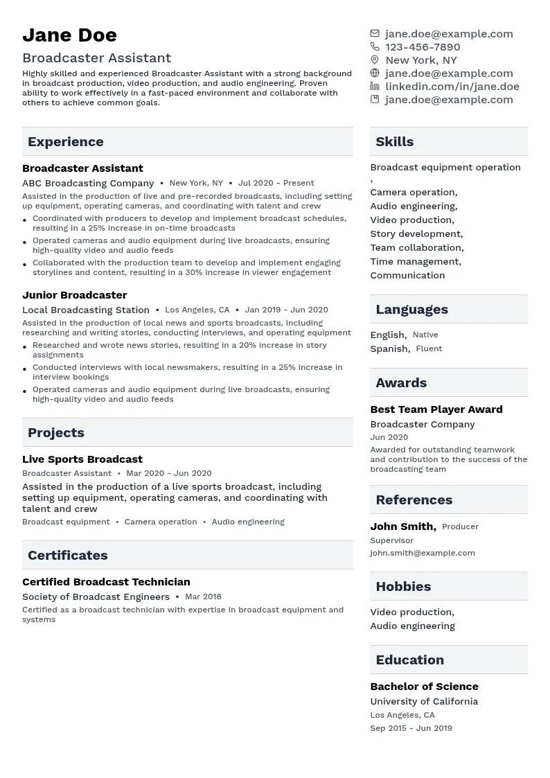 Broadcaster Assistant resume example