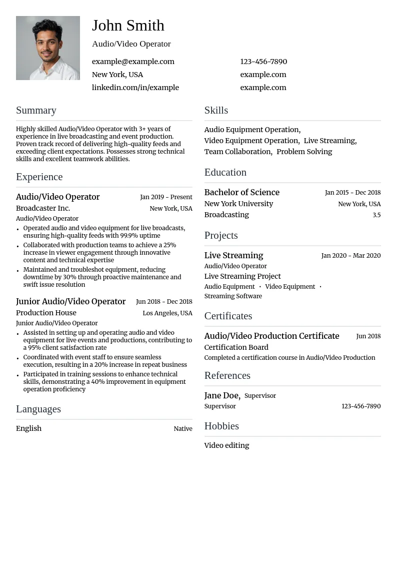 Audio/Video Operator resume example