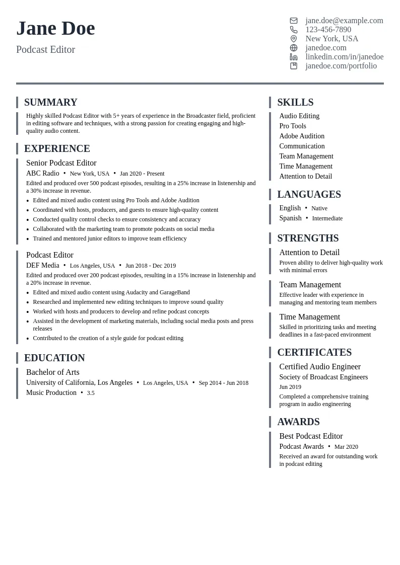 Podcast Editor resume example