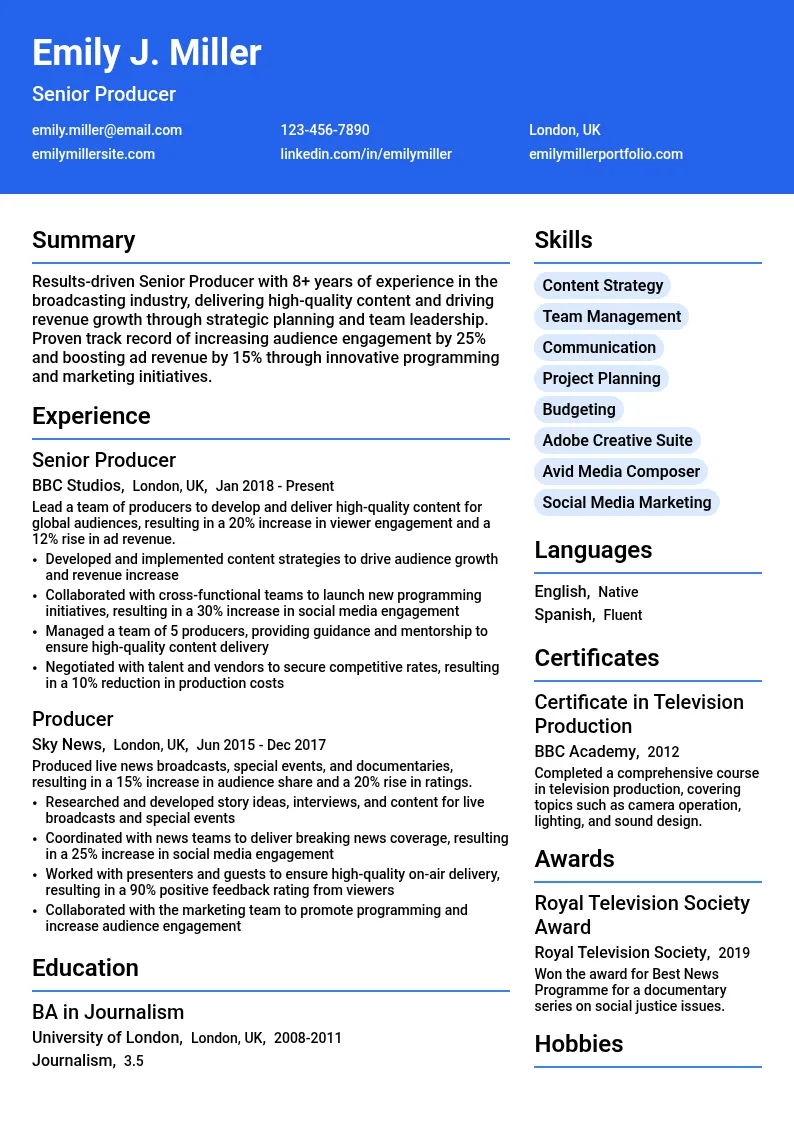 Senior Producer resume example