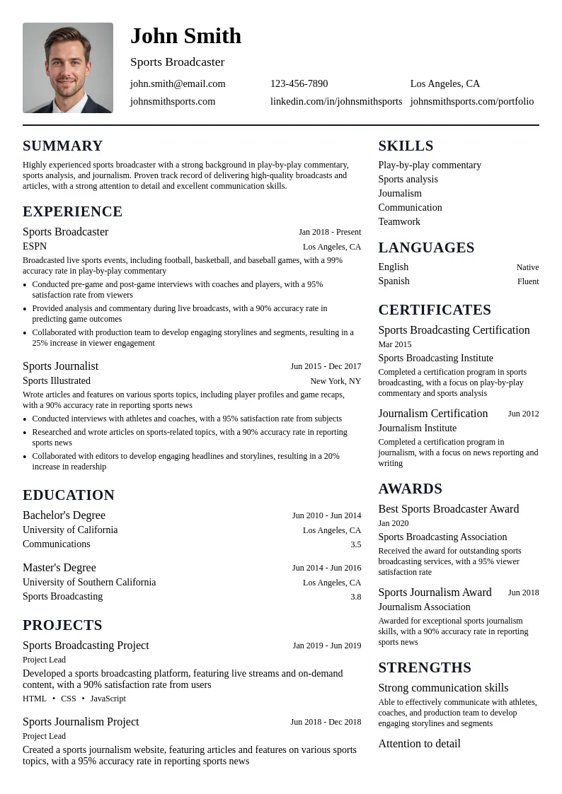 Sports Broadcaster resume example
