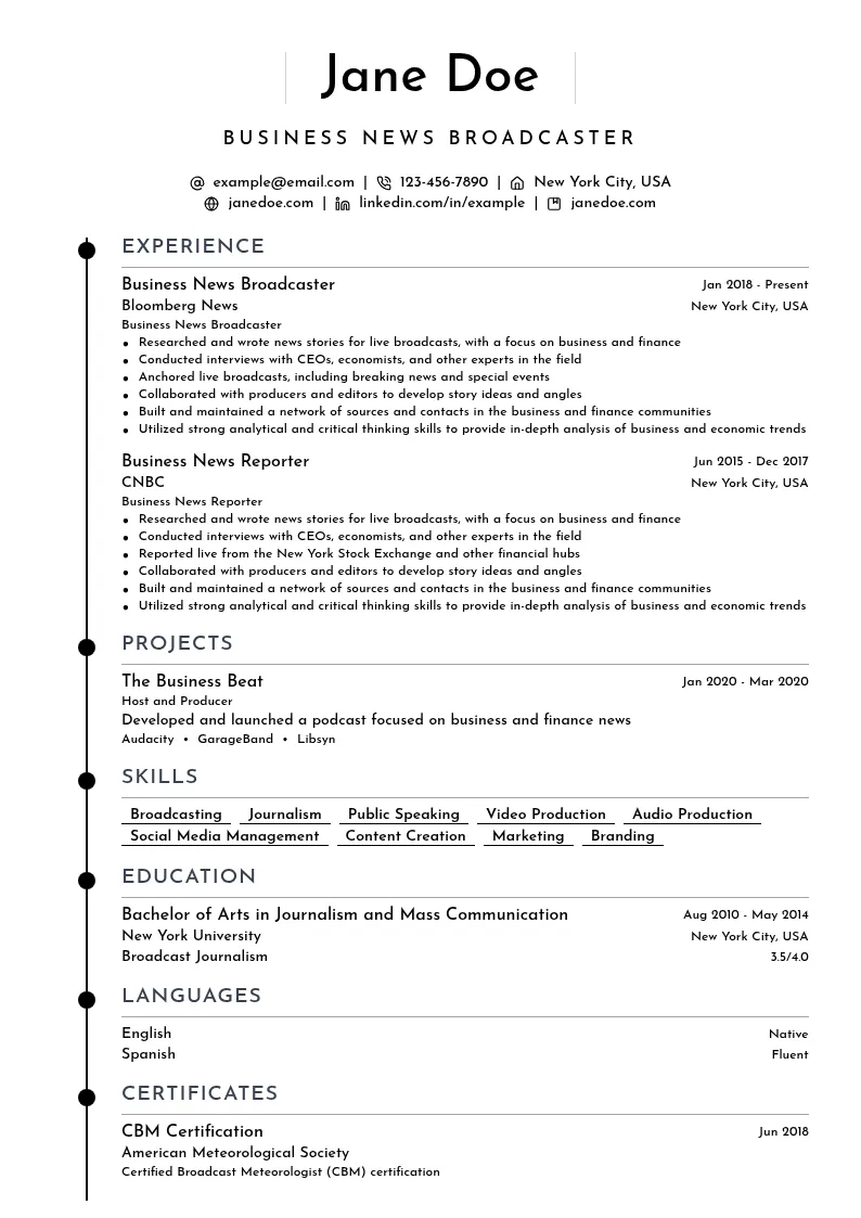 Business News Broadcaster resume example