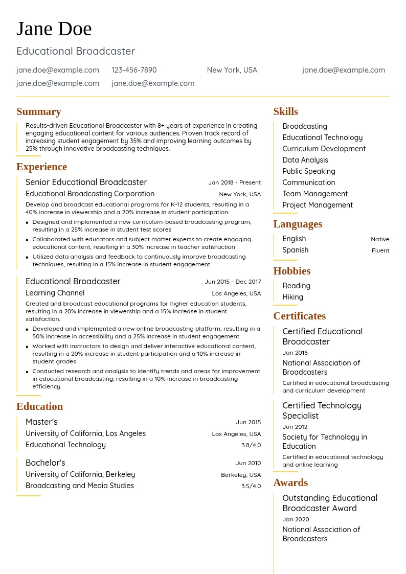 Educational Broadcaster resume example