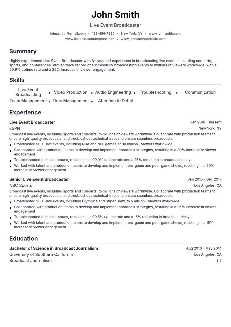 Live Event Broadcaster resume example
