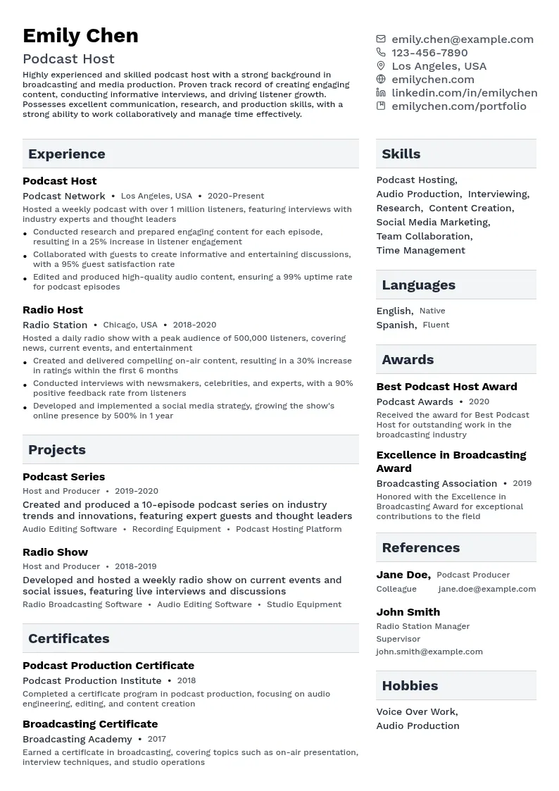 Podcast Host resume example
