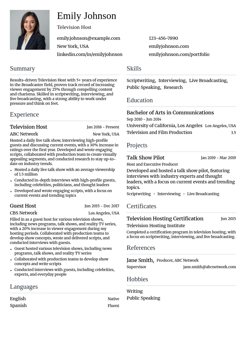 Television Host resume example
