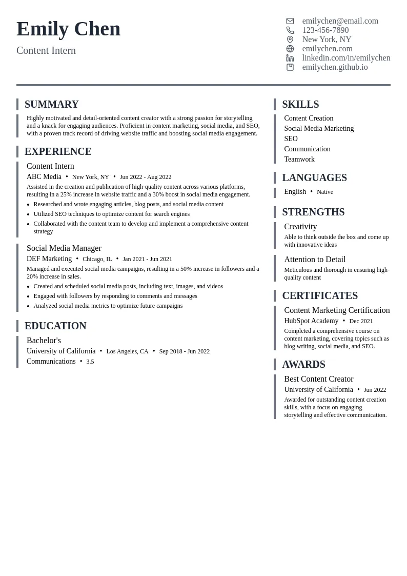 Content Intern resume example