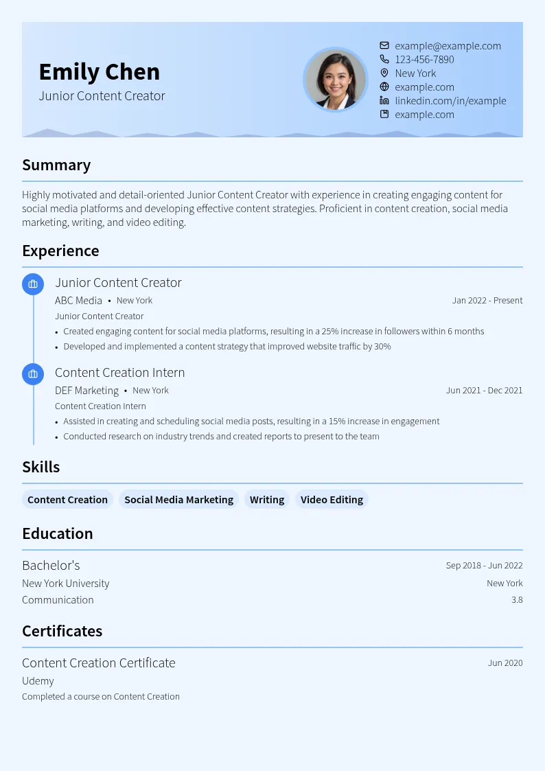 Junior Content Creator resume example