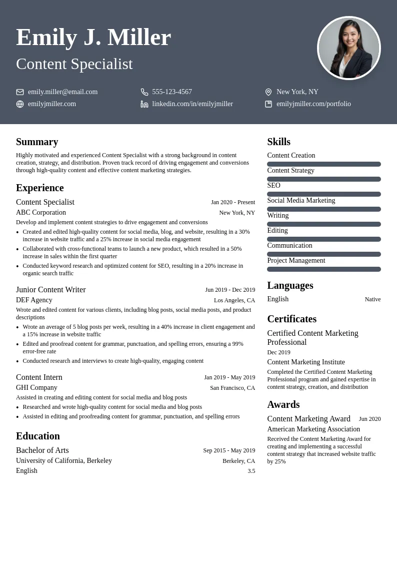 Content Specialist resume example
