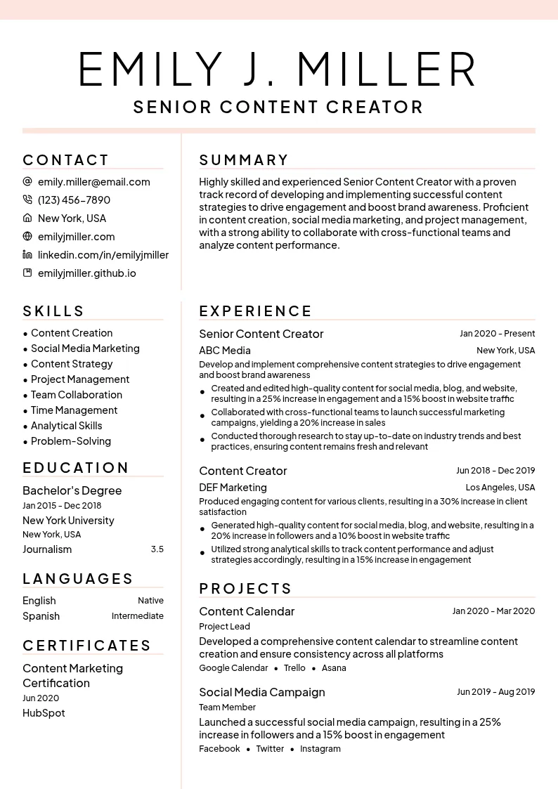 Senior Content Creator resume example