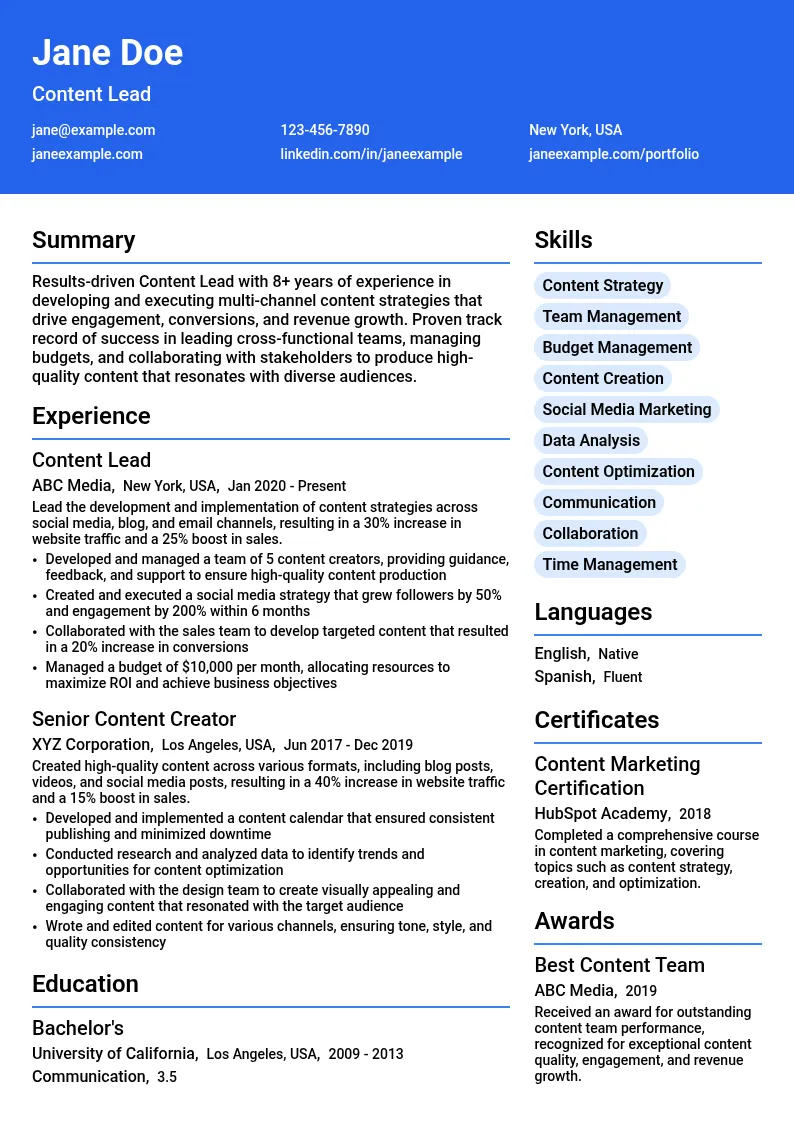 Content Lead resume example