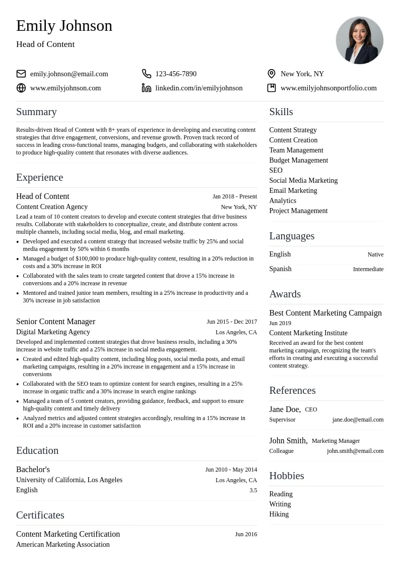 Head of Content resume example
