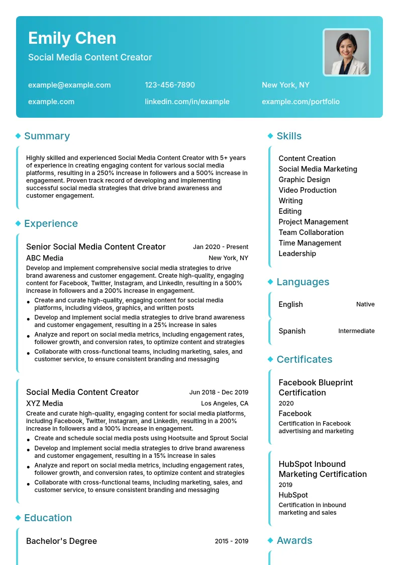 Social Media Content Creator resume example