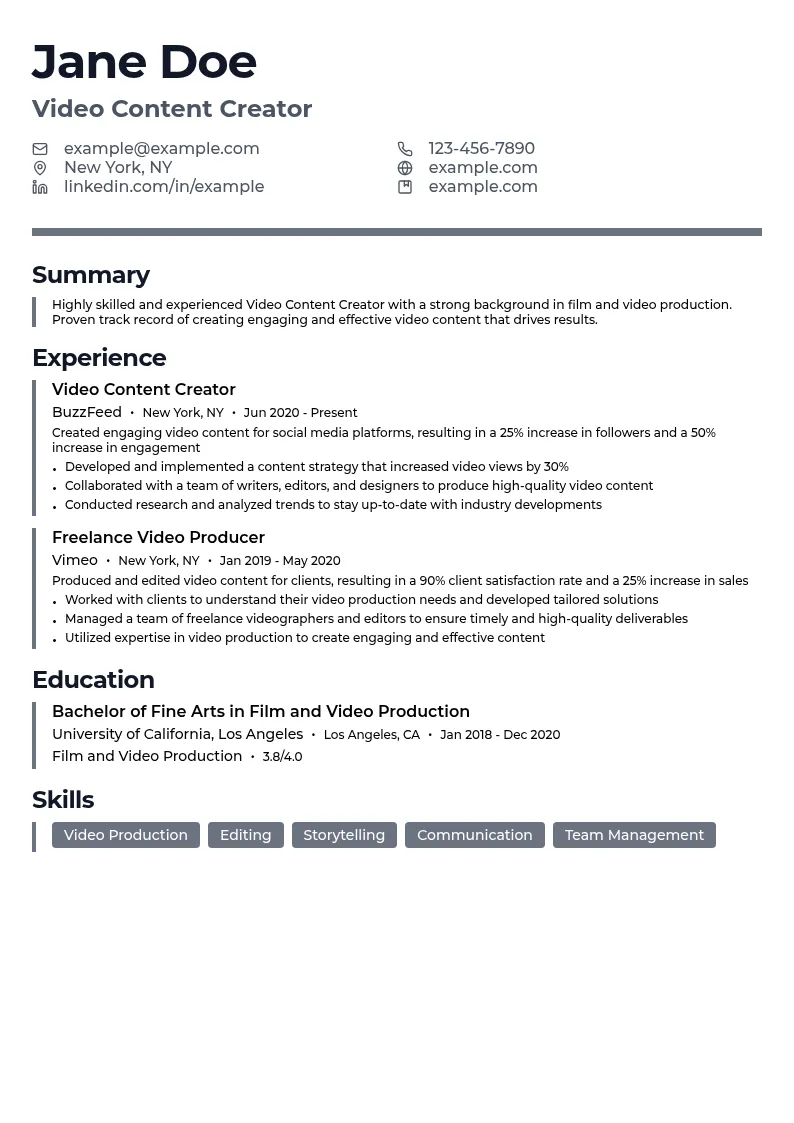 Video Content Creator resume example