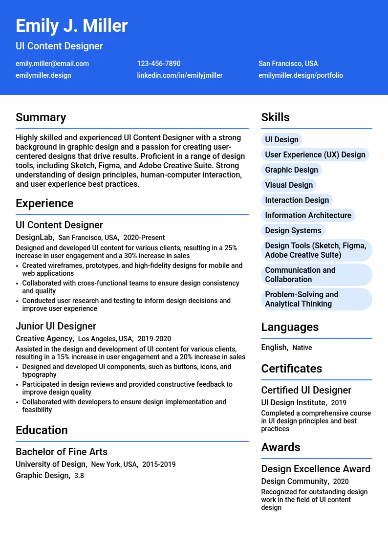 UI Content Designer resume example