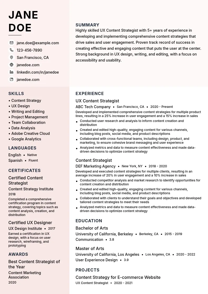 UX Content Strategist resume example