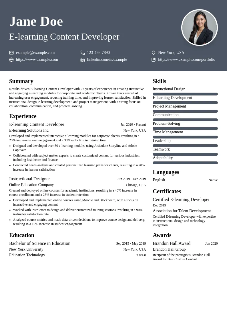 E-learning Content Developer resume example