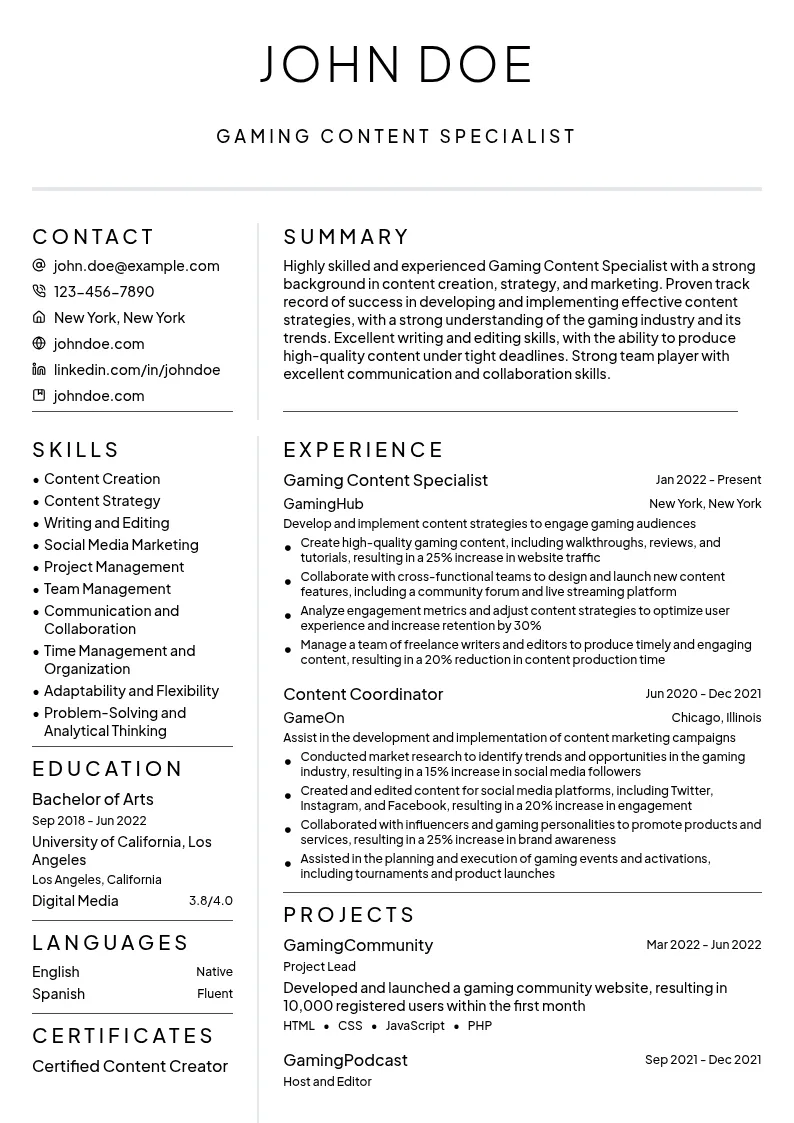Gaming Content Specialist resume example