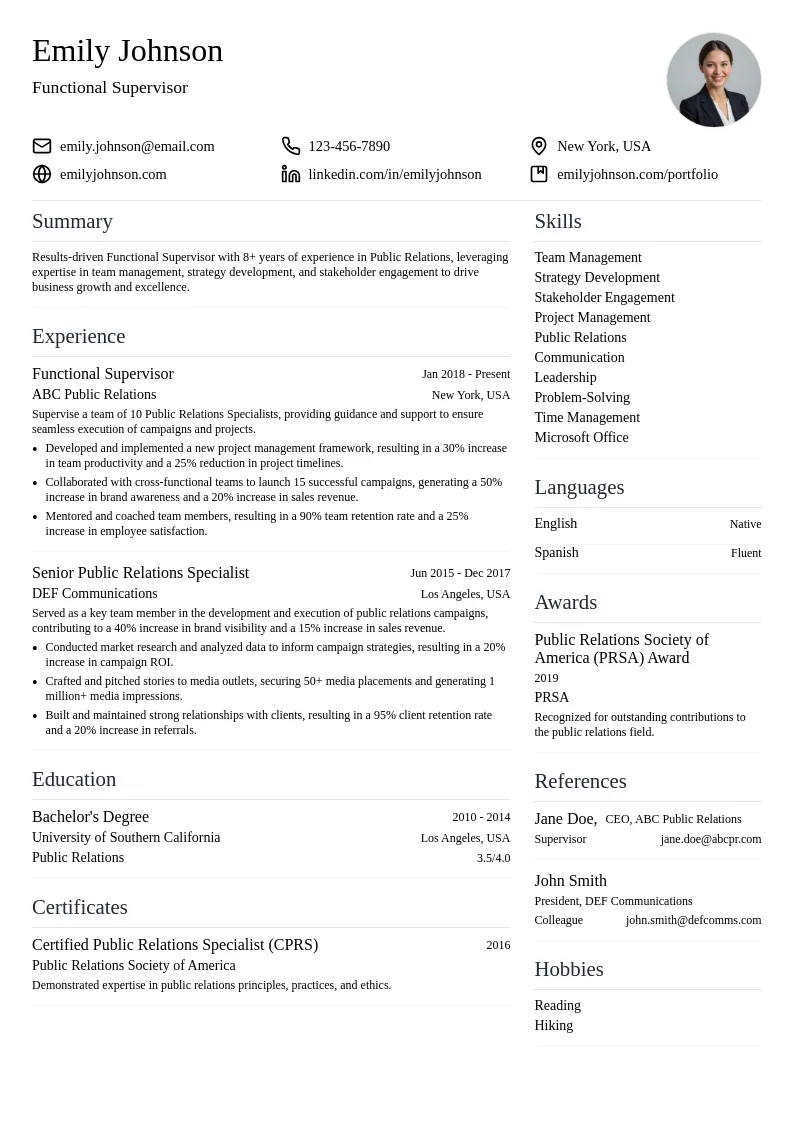 Functional Supervisor resume example